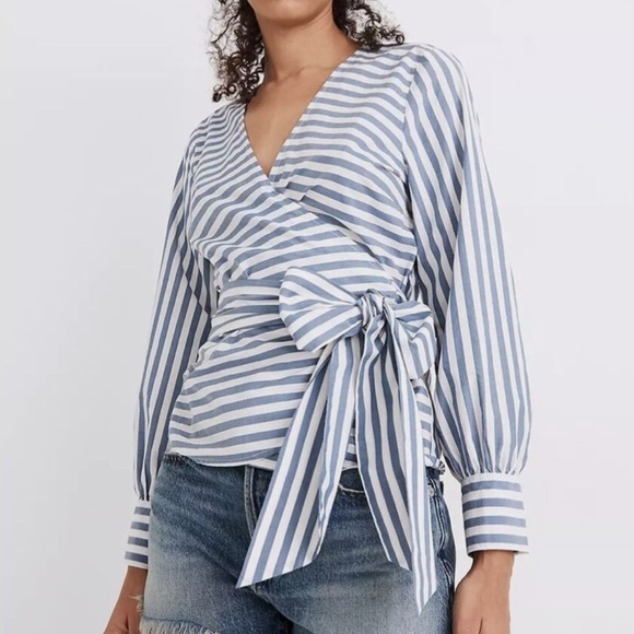 MADEWELL Striped Cuffed Sleeve Wrap Top - Picture 1 of 9